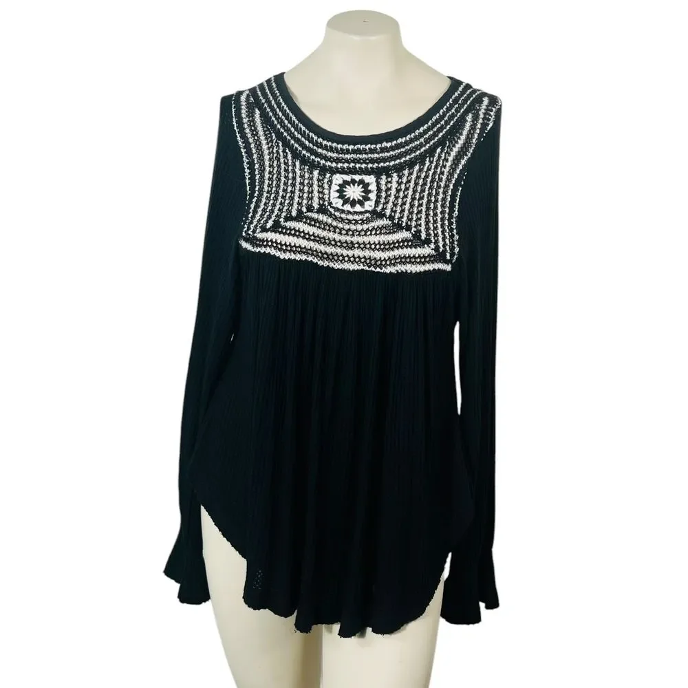 Free People Soulmate Crochet Tunic Top Black Waffle Knit Long Sleeves Size S